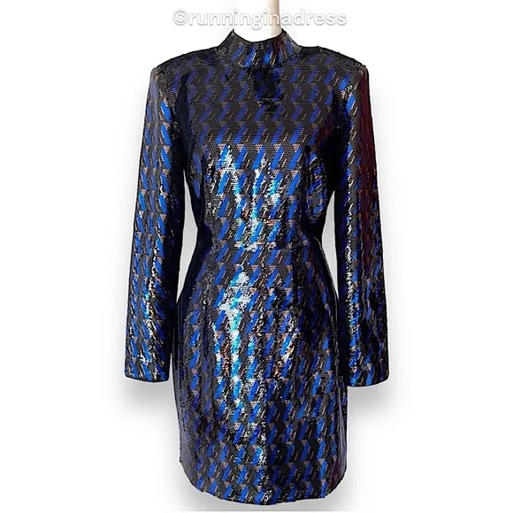 NWT & Other Stories Mock Neck Sequin Mini Geometric Dress In Blue Black Gold